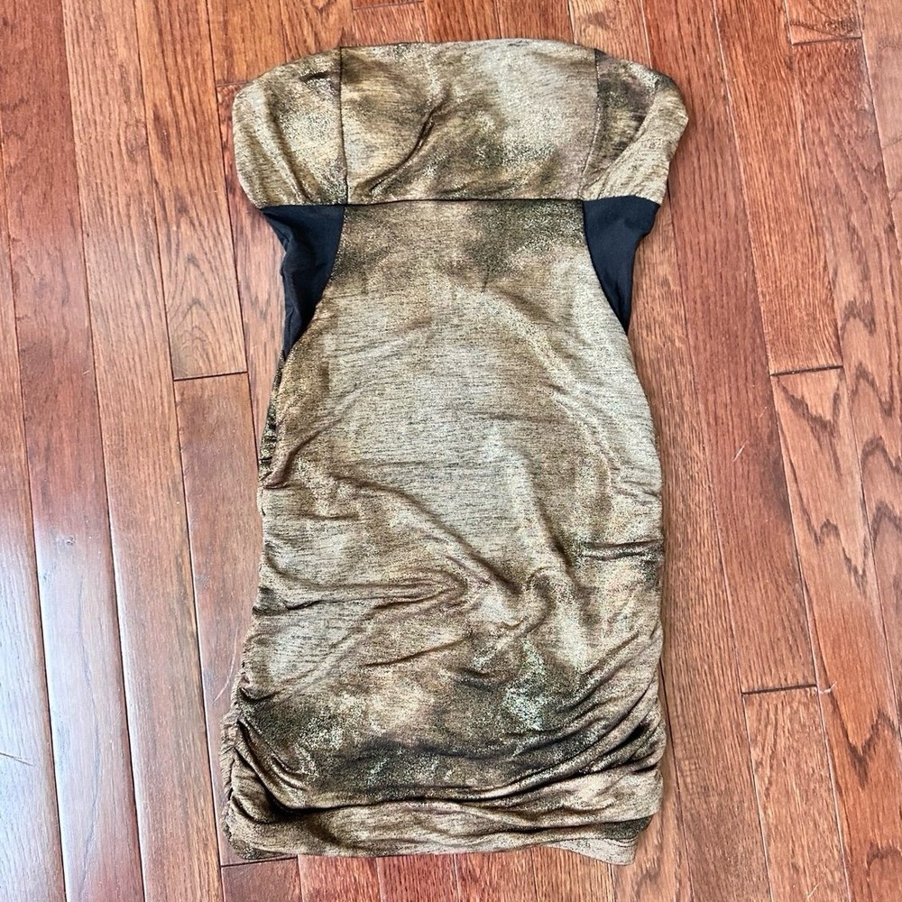 Mystic Crushed Rustic Gold Strapless Bodycon Sexy Ruched Sheer Sides Mini Dress